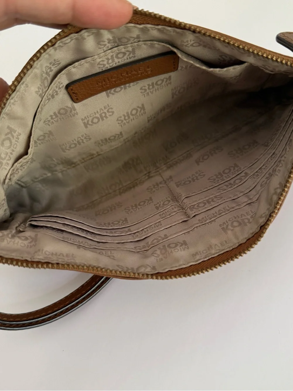 Michael Kors Chestnut Brown Leather Wristlet with Gold MK Logo